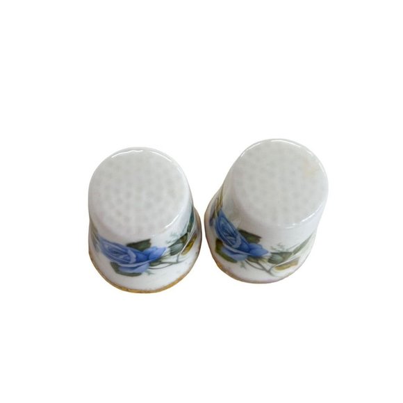 Royal Crown Porcelain Decorative Thimbles Set of 2 Blue Rose Gold Trim - Picture 4 of 8